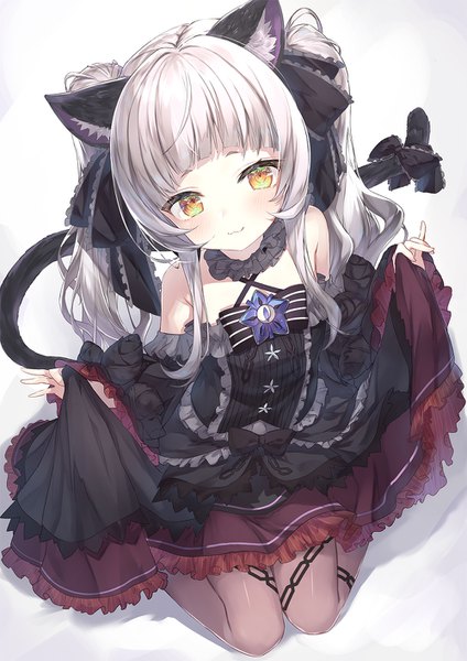 Anime picture 1000x1414 with virtual youtuber hololive murasaki shion murasaki shion (5th costume) topia single long hair tall image looking at viewer fringe twintails animal ears yellow eyes tail blunt bangs animal tail from above grey hair cat ears cat tail