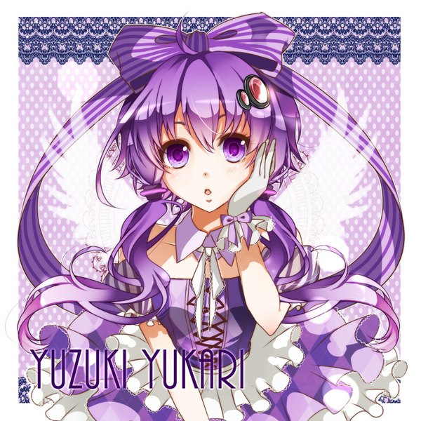 Anime picture 1500x1500 with vocaloid yuzuki yukari nou single long hair looking at viewer blush open mouth twintails purple eyes bare shoulders purple hair ahoge inscription character names low twintails border angel wings polka dot outside border