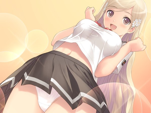 Anime picture 1024x768 with fault!! hayama rika tony taka long hair blush open mouth light erotic blonde hair brown eyes game cg girl skirt navel uniform underwear panties school uniform miniskirt shirt