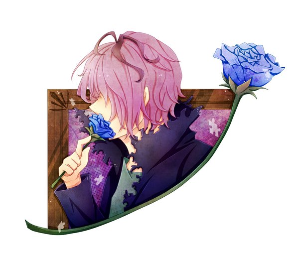 Anime picture 1000x857 with ib (game) garry (ib) single short hair simple background purple hair hair over eyes boy flower (flowers) blue rose