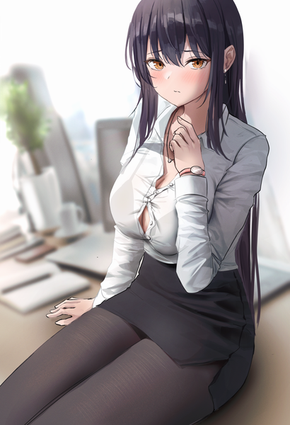 Anime picture 1000x1463 with original po ppe single long hair tall image looking at viewer blush fringe breasts light erotic black hair hair between eyes large breasts sitting brown eyes cleavage indoors long sleeves blurry depth of field