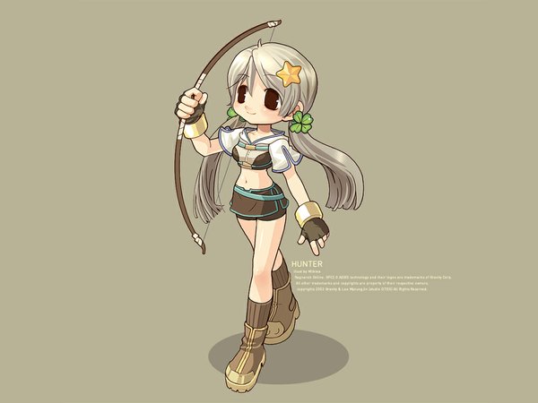 Anime picture 1024x768 with ragnarok online hunter (ragnarok online) single long hair simple background smile twintails brown eyes signed looking away full body grey hair bare belly low twintails walking brown background girl skirt gloves navel