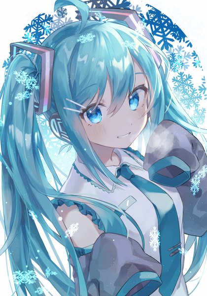 Anime picture 1750x2500 with vocaloid hatsune miku kurobikari single long hair tall image looking at viewer highres blue eyes smile twintails upper body ahoge long sleeves aqua hair grin exhalation girl detached sleeves necktie