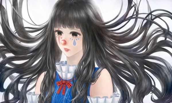 Anime picture 1600x960 with original bounin single long hair fringe black hair wide image bare shoulders wind black eyes facial mark girl detached sleeves