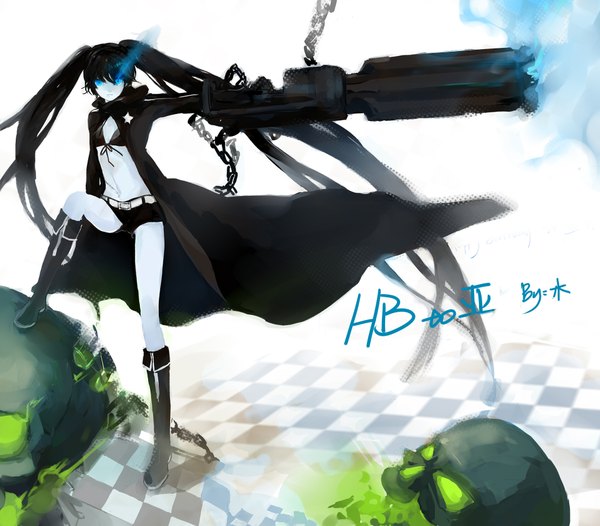 Anime picture 1904x1670 with black rock shooter black rock shooter (character) noir (ibaraki) highres blue eyes black hair twintails full body very long hair glowing scar glowing eye (eyes) checkered floor girl shorts thigh boots chain bikini top skull huge weapon