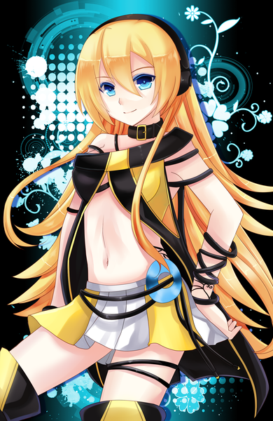 Anime picture 1425x2194 with vocaloid lily (vocaloid) felicia-val single long hair tall image blue eyes blonde hair light smile girl navel miniskirt headphones collar