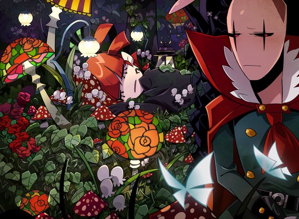 Anime picture 1500x1100 with original de (artist) red hair eyes closed bunny ears sleeping girl plant (plants) choker mask mushroom (mushrooms)
