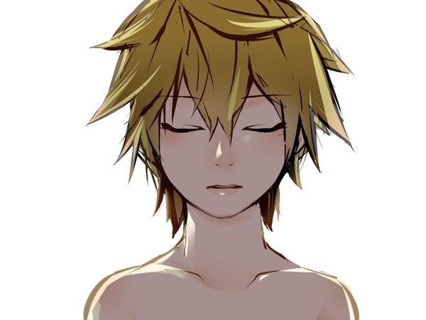 Anime picture 1400x1050 with vocaloid kagamine len keishi single blush short hair blonde hair simple background white background bare shoulders eyes closed boy