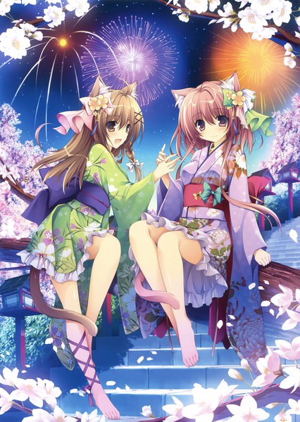 Anime picture 2342x3300 with original eshi 100-nin ten nanaroba hana long hair tall image blush highres open mouth brown hair sitting multiple girls brown eyes animal ears tail traditional clothes japanese clothes animal tail barefoot hair flower cat ears