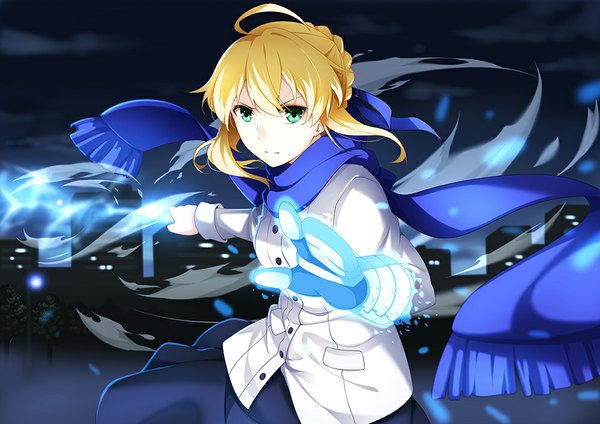 Anime picture 1000x707 with fate (series) fate/stay night type-moon artoria pendragon (all) saber ello-chan single long hair looking at viewer blonde hair green eyes ahoge braid (braids) city girl skirt jacket scarf blue skirt single glove