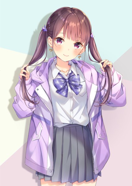 Anime picture 708x1000 with original higeneko single long hair tall image looking at viewer blush fringe simple background brown hair standing purple eyes twintails long sleeves head tilt pleated skirt fingernails light smile open jacket shadow