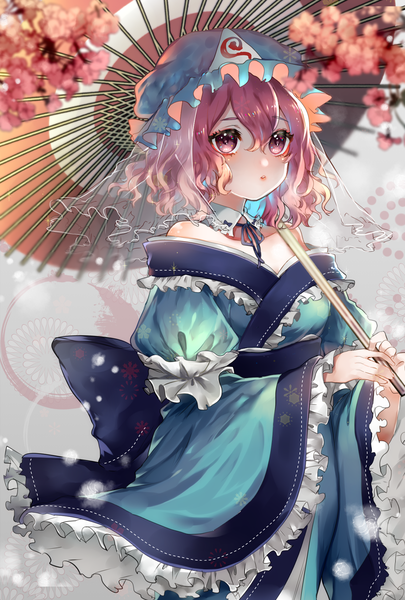 Anime picture 1181x1748 with touhou saigyouji yuyuko suzune hapinesu single tall image looking at viewer blush fringe short hair hair between eyes standing bare shoulders holding payot pink hair traditional clothes parted lips japanese clothes pink eyes blurry