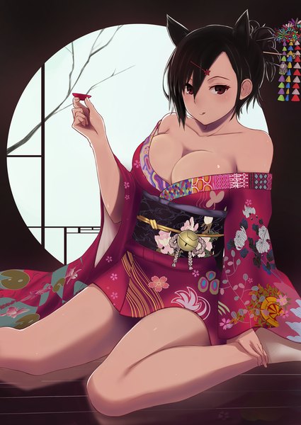Anime picture 779x1100 with original hareno chiame (artist) single tall image looking at viewer blush short hair breasts light erotic black hair red eyes large breasts sitting bare shoulders animal ears traditional clothes japanese clothes barefoot cat ears :q