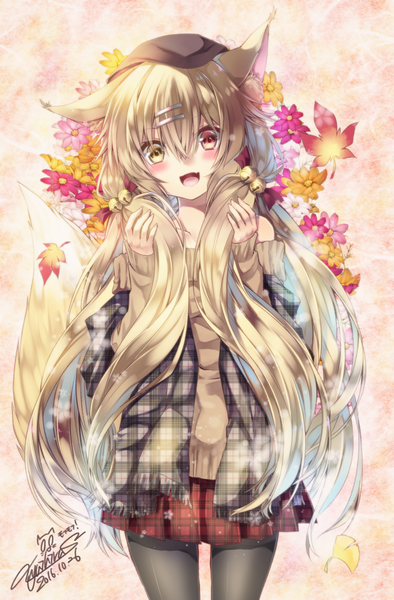 Anime picture 767x1166 with original yuihira asu (sorairo as) single long hair tall image looking at viewer blush fringe open mouth blonde hair smile hair between eyes twintails holding signed animal ears tail long sleeves head tilt :d