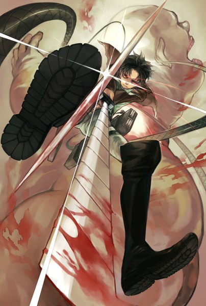 Anime picture 850x1260 with shingeki no kyojin production i.g levi (rivaille) jigusa single tall image short hair open mouth black hair red eyes holding open clothes open jacket glowing soles glowing eye (eyes) dual wielding giant boy weapon