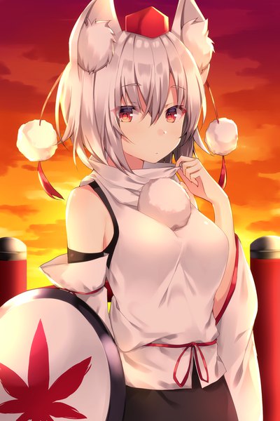 Anime picture 1600x2400 with touhou inubashiri momiji komomo (ptkrx) single tall image looking at viewer blush fringe short hair breasts hair between eyes red eyes bare shoulders holding animal ears sky silver hair cloud (clouds) upper body outdoors