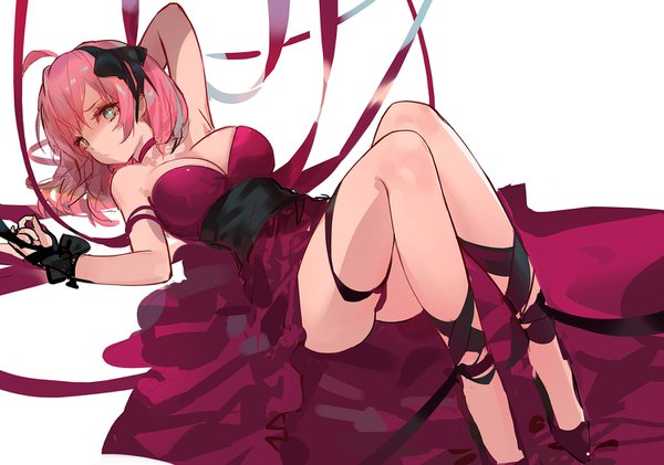 Anime picture 1500x1054 with dungeon and fighter kinven single looking at viewer fringe short hair breasts light erotic simple background white background green eyes pink hair cleavage ahoge bent knee (knees) lying on back pantyshot symbol-shaped pupils arm behind head