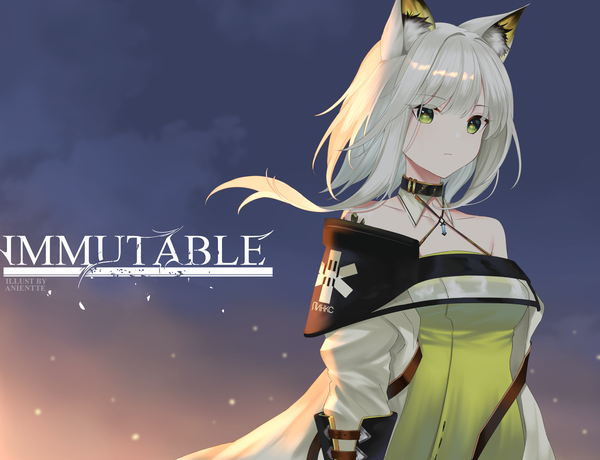 Anime picture 3546x2717 with arknights kal'tsit (arknights) anientte single fringe highres short hair green eyes animal ears absurdres silver hair upper body girl