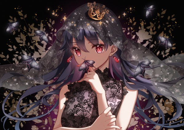 Anime picture 5732x4047 with original ktmzlsy720 single long hair looking at viewer fringe highres black hair simple background hair between eyes red eyes bare shoulders absurdres upper body braid (braids) nail polish arm up fingernails floating hair black background