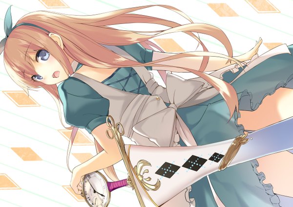Anime picture 1273x900 with alice in wonderland alice (wonderland) cccpo single long hair open mouth blue eyes blonde hair looking back girl dress bow weapon sword clock