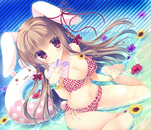 Anime picture 1167x1000 with original yukie (peach candy) single long hair looking at viewer blush breasts light erotic brown hair purple eyes animal ears braid (braids) bunny ears twin braids girl navel flower (flowers) bow swimsuit hair bow