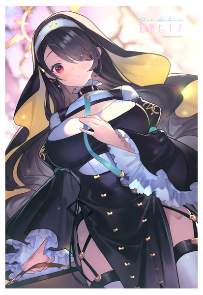 Anime picture 1000x1452 with blue archive hinata (blue archive) etomai single long hair tall image looking at viewer blush fringe breasts light erotic black hair red eyes large breasts hair over one eye from below copyright name character names border side slit