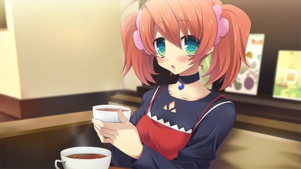 Anime picture 1280x720 with furuiro meikyuu rondo blush short hair open mouth wide image game cg orange hair multicolored eyes girl cup