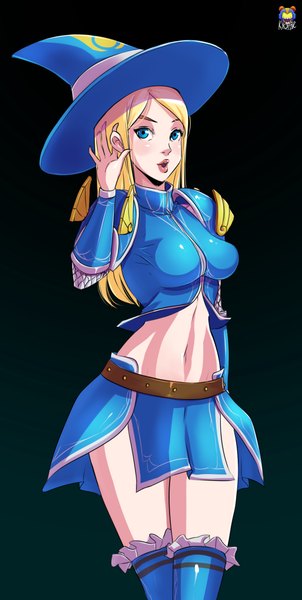 Anime picture 1071x2125 with league of legends lux (league of legends) kyoffie12 single long hair tall image blush blue eyes simple background blonde hair lips bare belly black background witch girl thighhighs skirt navel hat belt