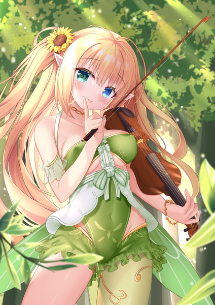 Anime picture 1157x1637 with original ss851251 single long hair tall image looking at viewer blush fringe breasts blue eyes light erotic blonde hair smile large breasts standing bare shoulders holding green eyes payot ahoge