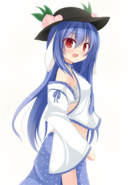 Anime picture 878x1239 with touhou hinanawi tenshi chimunge single long hair tall image looking at viewer blush open mouth simple background red eyes white background blue hair kochiya sanae (cosplay) girl hat detached sleeves