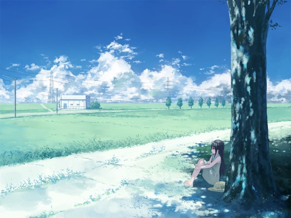 Anime picture 1333x1000 with isou nagi black hair sitting cloud (clouds) landscape summer leg hug girl plant (plants) tree (trees) building (buildings) path