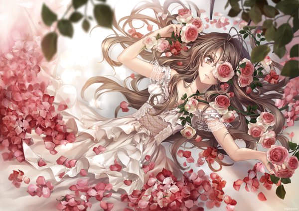 Anime picture 900x636 with original hagiwara rin single long hair looking at viewer fringe hair between eyes brown hair holding brown eyes lying nail polish parted lips from above blurry on back dutch angle outstretched arm covering eye (eyes) flower over eye