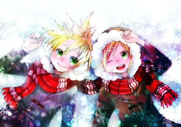 Anime picture 1200x848 with vocaloid kagamine rin kagamine len sachiko orihara short hair open mouth smile green eyes lying one eye closed wink couple snowing winter snow shared scarf girl boy hair ornament hairclip