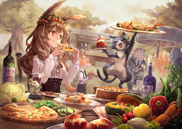 Anime picture 1087x777 with original mito itsuki long hair fringe smile hair between eyes brown hair sitting holding brown eyes animal ears payot looking away sky upper body outdoors multiple boys bunny ears waiter girl