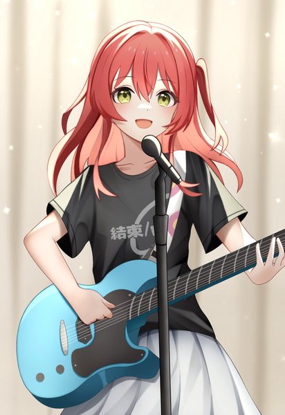 Anime picture 1873x2726 with bocchi the rock! cloverworks kita ikuyo kenomotsu yukuwa single long hair tall image fringe highres open mouth hair between eyes green eyes red hair :d one side up singing playing instrument girl t-shirt microphone