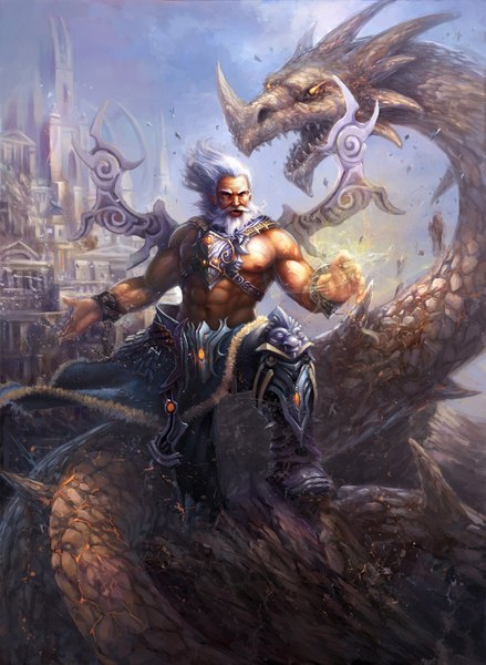 Anime picture 1181x1613 with redpeggy single tall image short hair open mouth standing white hair wind realistic magic single braid muscle boy bracelet armor fur chain dragon beard castle