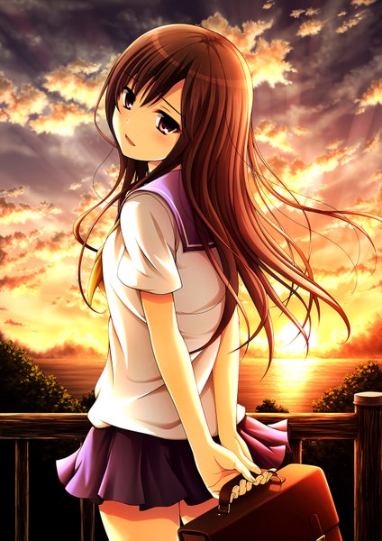 Anime picture 1102x1559 with original chan inpashi single long hair tall image blush brown hair brown eyes sky cloud (clouds) evening sunset horizon girl skirt serafuku school bag