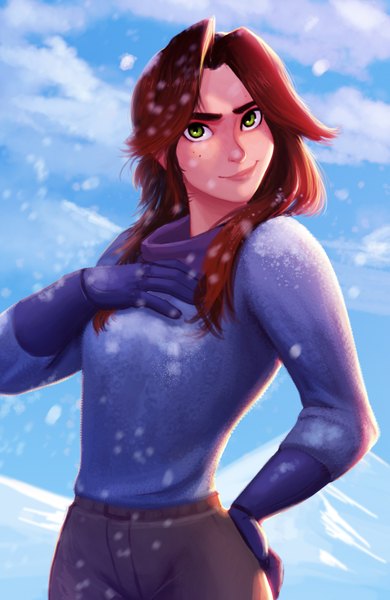 Anime picture 2384x3663 with carlos eduardo single long hair tall image looking at viewer highres smile green eyes sky cloud (clouds) red hair hand on hip snowing winter eyebrows girl gloves