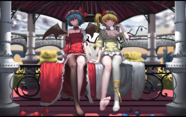 Anime picture 2456x1551 with touhou flandre scarlet remilia scarlet hk (hak) highres short hair light erotic blonde hair red eyes sitting multiple girls blue hair pantyshot revision girl thighhighs dress underwear panties black thighhighs