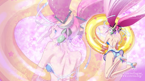 Anime picture 1920x1080 with vocaloid hatsune miku cotetsuengine highres blue eyes light erotic wide image twintails pink hair from behind zoom layer girl underwear panties swimsuit food headphones fruit berry (berries) striped panties