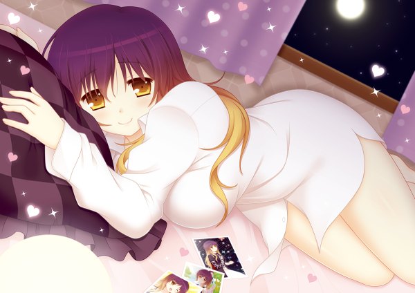 Anime picture 1200x849 with touhou hijiri byakuren cpu (hexivision) looking at viewer smile yellow eyes lying multicolored hair girl shirt window heart pillow moon photo (object)