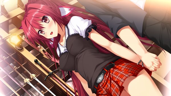 Anime picture 1280x720 with koiken otome yasukuni akane tateha (marvelous grace) blush open mouth red eyes wide image game cg ponytail red hair holding hands girl skirt bow weapon hair bow miniskirt sword