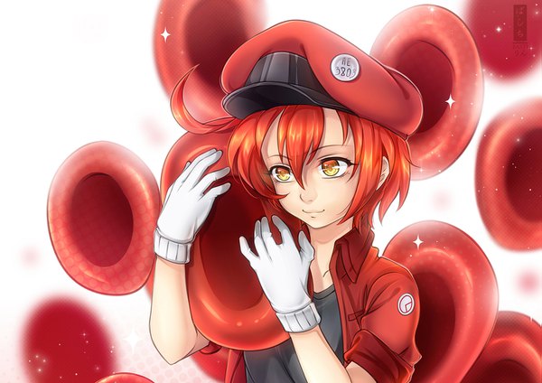 Anime picture 1415x1000 with hataraku saibou david production ae-3803 red blood cell (hataraku saibou) basti rin single fringe short hair smile hair between eyes holding signed yellow eyes looking away upper body ahoge red hair light smile sparkle twisty sleeves