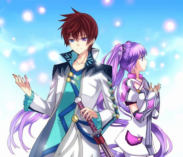 Anime picture 1139x979 with tales of graces sophie (tales) asbel lhant long hair short hair purple eyes twintails purple hair red hair heterochromia girl boy weapon detached sleeves sword suit