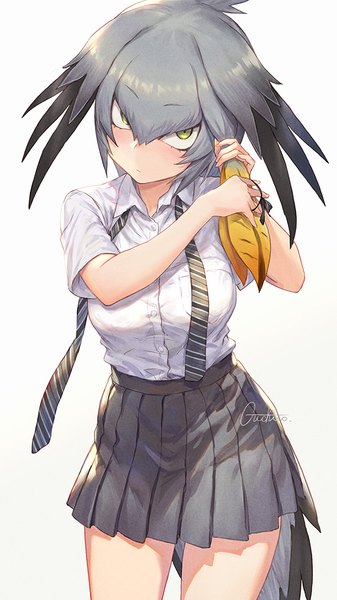 Anime picture 600x1067 with kemono friends shoebill (kemono friends) guchico single tall image blush fringe short hair breasts simple background hair between eyes standing green eyes signed payot tail animal tail pleated skirt grey hair short sleeves