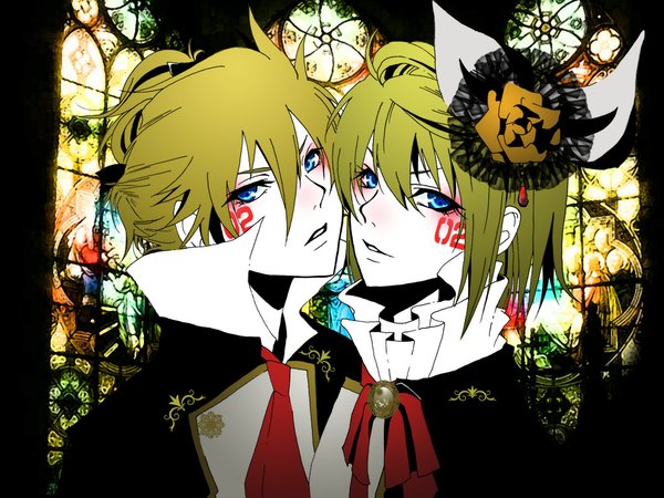 Anime picture 1024x768 with vocaloid kagamine rin kagamine len shion (am04h28) looking at viewer fringe short hair blue eyes blonde hair upper body indoors parted lips hair flower alternate costume facial mark eyeshadow face to face siblings twins brother and sister