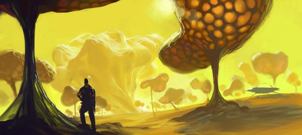 Anime picture 1800x807 with original sketcheth (artist) single highres simple background wide image standing sky from behind hand on hip yellow background panorama boy plant (plants) tree (trees) sun ufo spacesuit