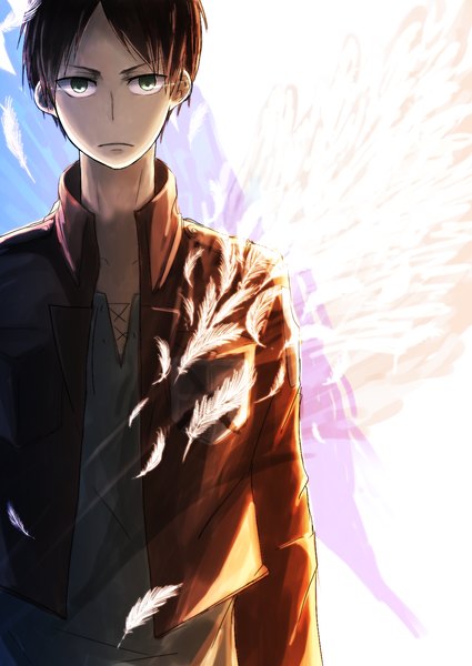 Anime picture 1100x1554 with shingeki no kyojin production i.g eren yaeger natsu-san single tall image looking at viewer brown hair green eyes sunlight open clothes open jacket boy jacket feather (feathers)