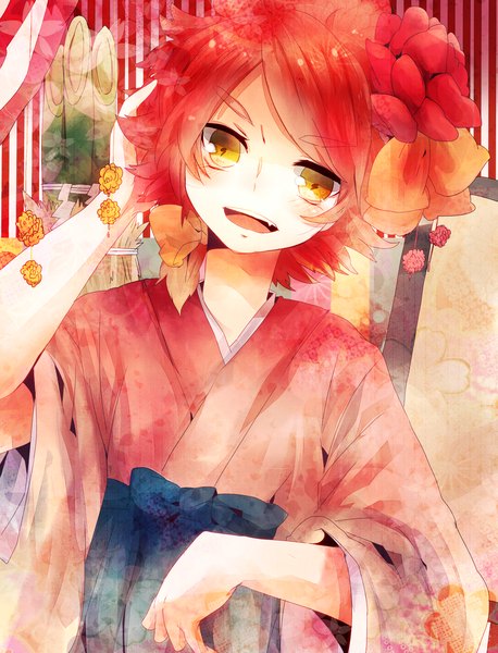 Anime picture 1450x1900 with inazuma eleven nagumo haruya sugino (patrassyar) single tall image looking at viewer blush short hair open mouth yellow eyes red hair traditional clothes japanese clothes boy hair ornament plant (plants) hakama bamboo