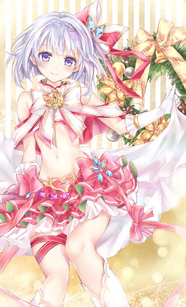 Anime picture 2480x4097 with shironeko project tina (shironeko project) misosirudodo single tall image looking at viewer blush fringe highres short hair sitting purple eyes bare shoulders silver hair light smile christmas striped background girl gloves bow